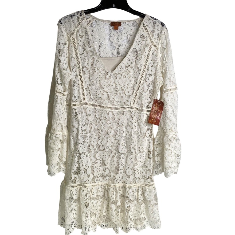 Scully Honey Creek Ivory‎ Lace Bell Sleeve Boho Mini Dress Womens Medium NWT